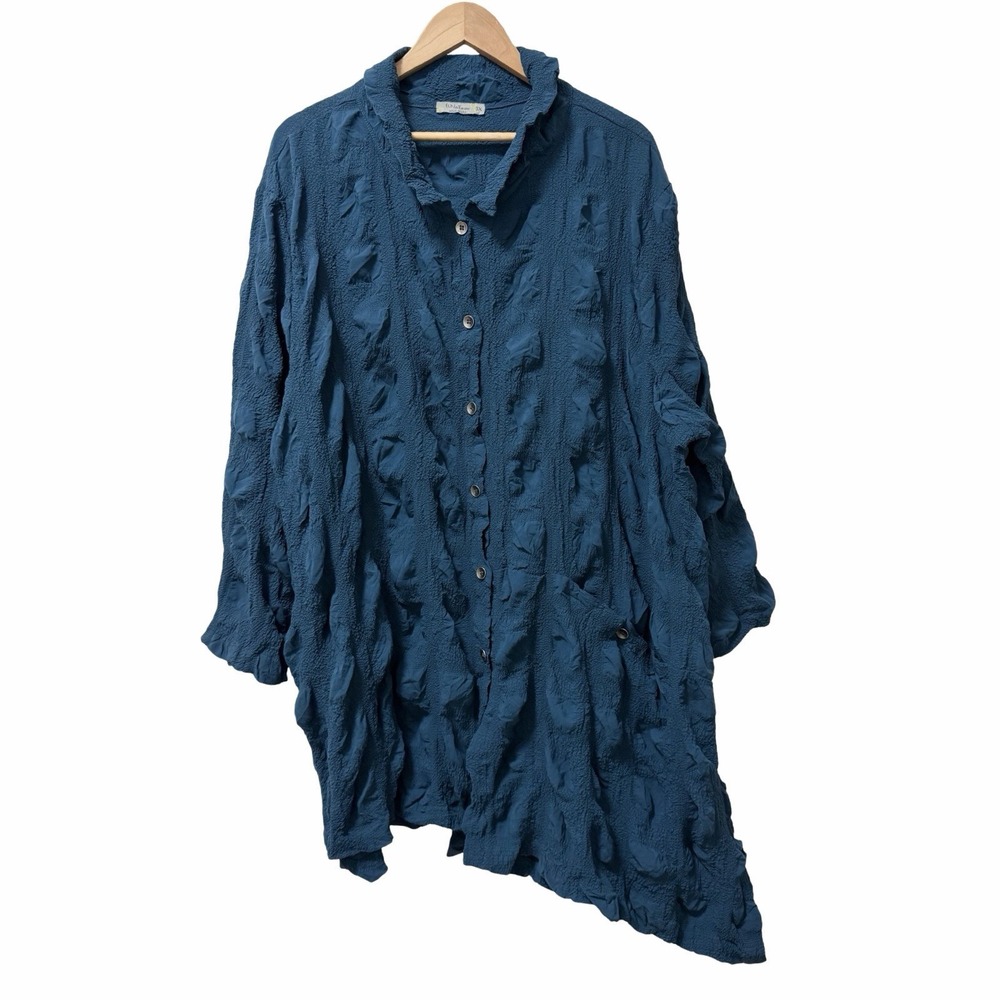 Chalet et Ceci Adia Crinkle Asymmetric Hem Shirt Size 3X Teal Lagenlook Artsy